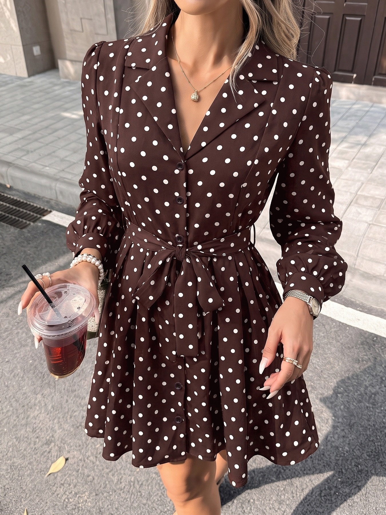 Brown Polka Dot Long Sleeve Belted Shirt Dress