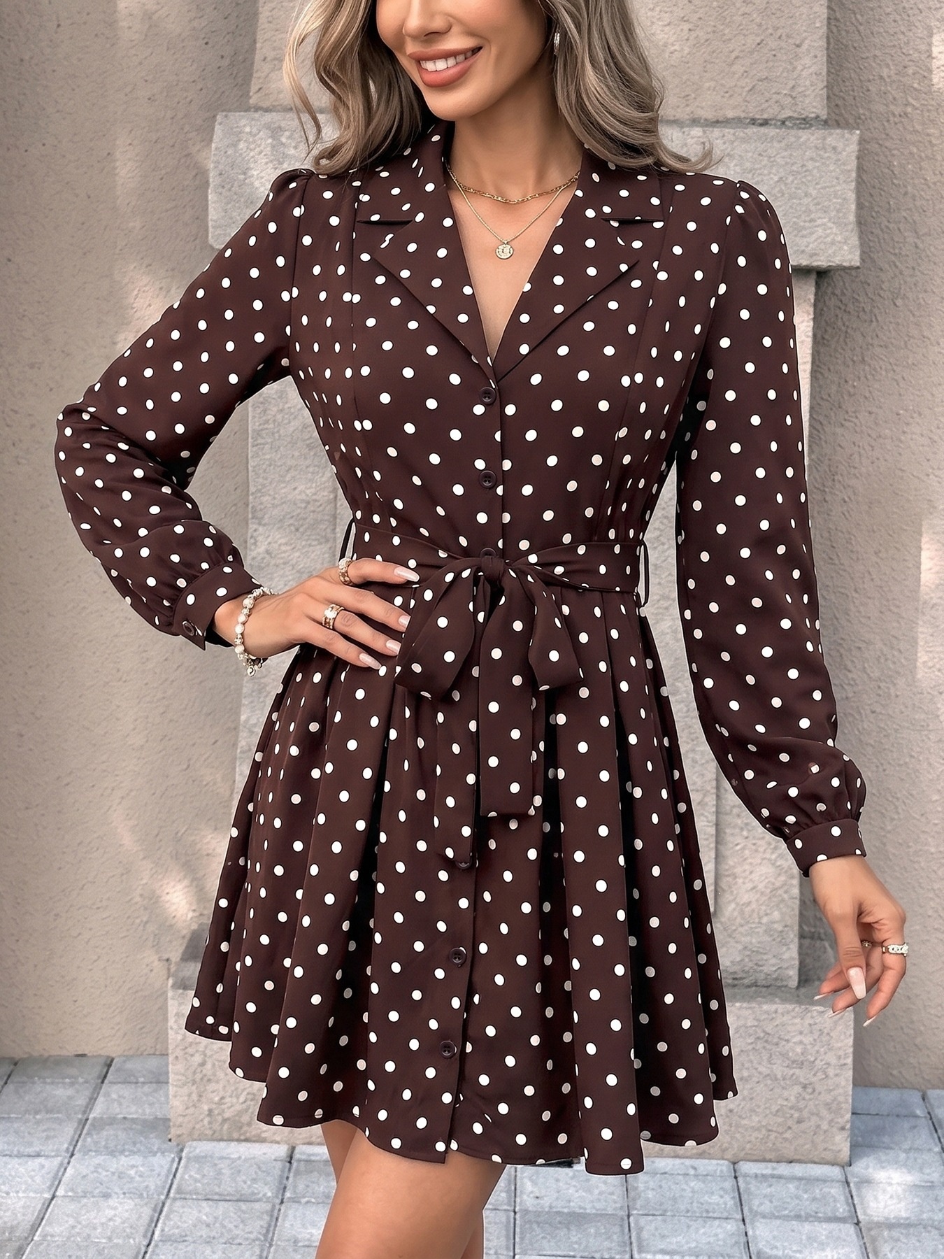 Brown Polka Dot Long Sleeve Belted Shirt Dress