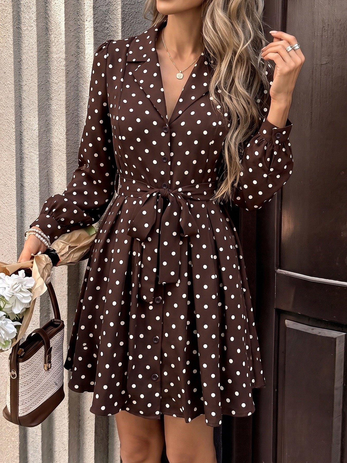 Brown Polka Dot Long Sleeve Belted Shirt Dress