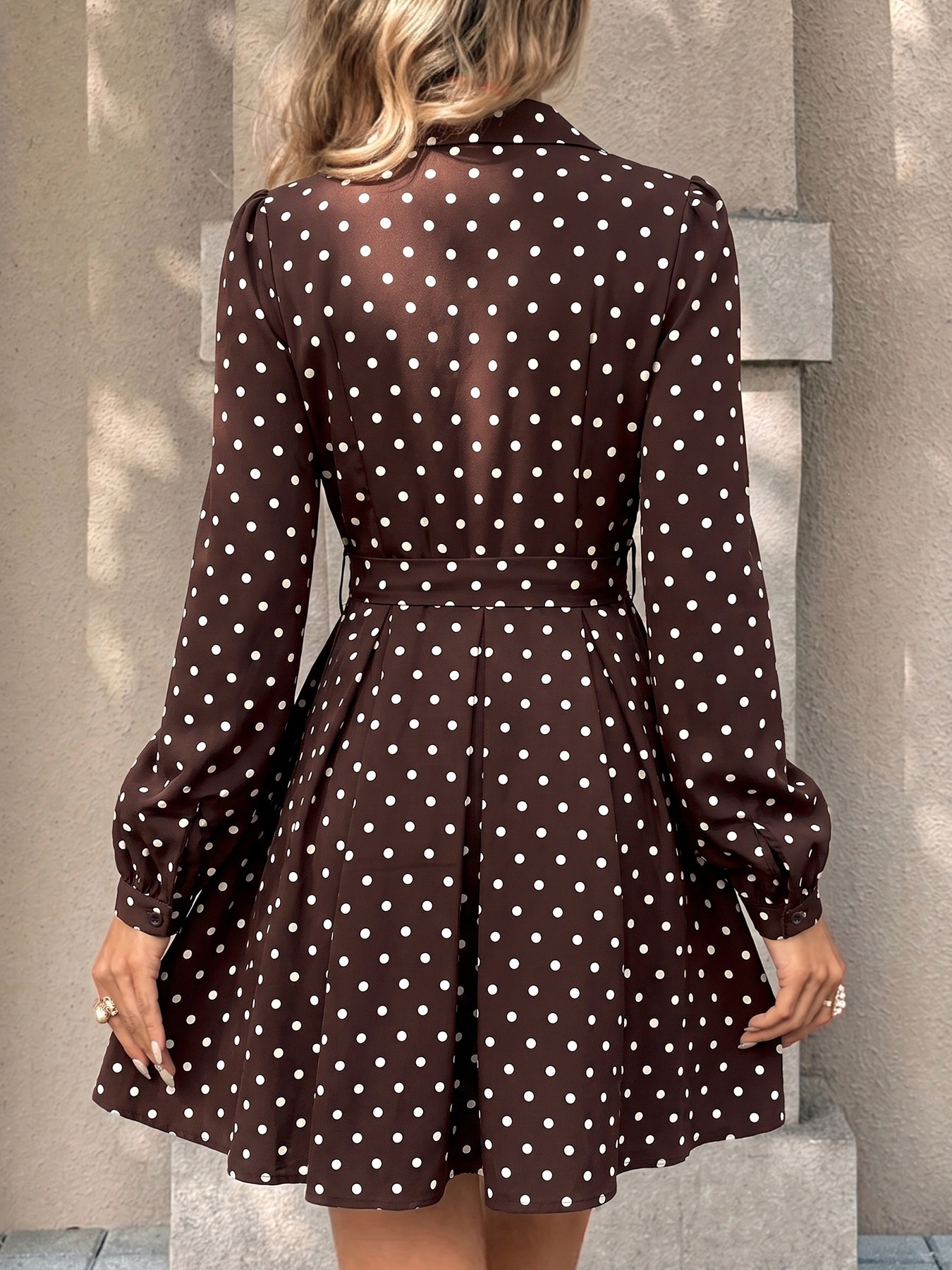 Brown Polka Dot Long Sleeve Belted Shirt Dress