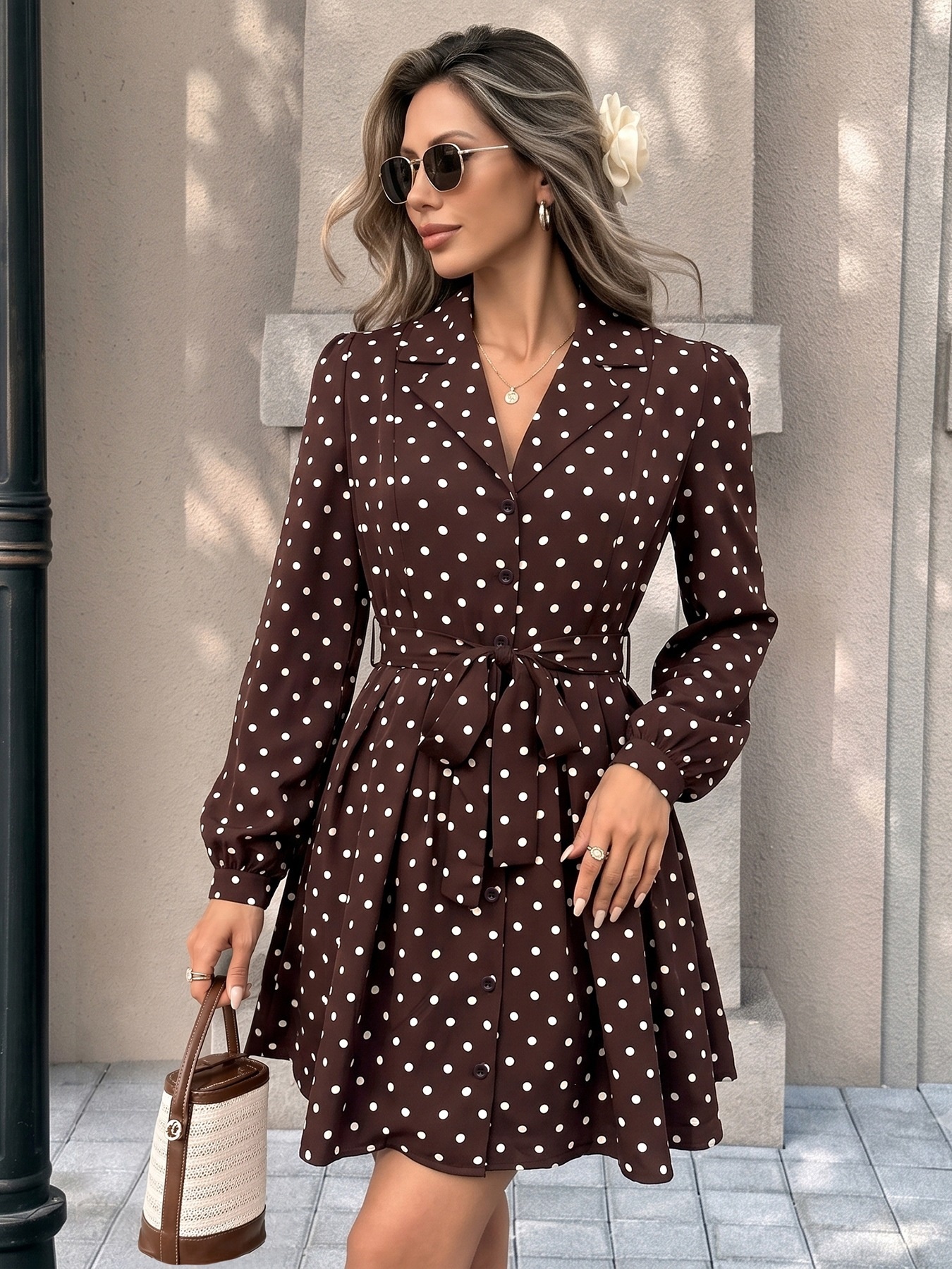 Brown Polka Dot Long Sleeve Belted Shirt Dress