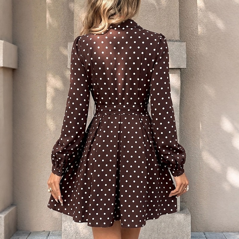 Brown Polka Dot Long Sleeve Belted Shirt Dress