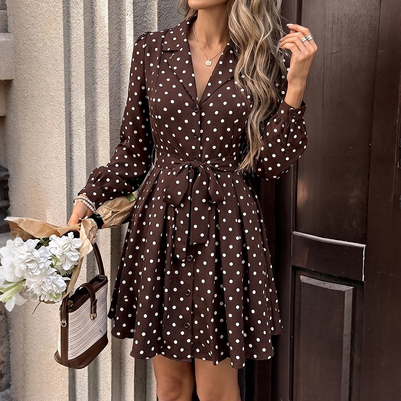 Brown Polka Dot Long Sleeve Belted Shirt Dress