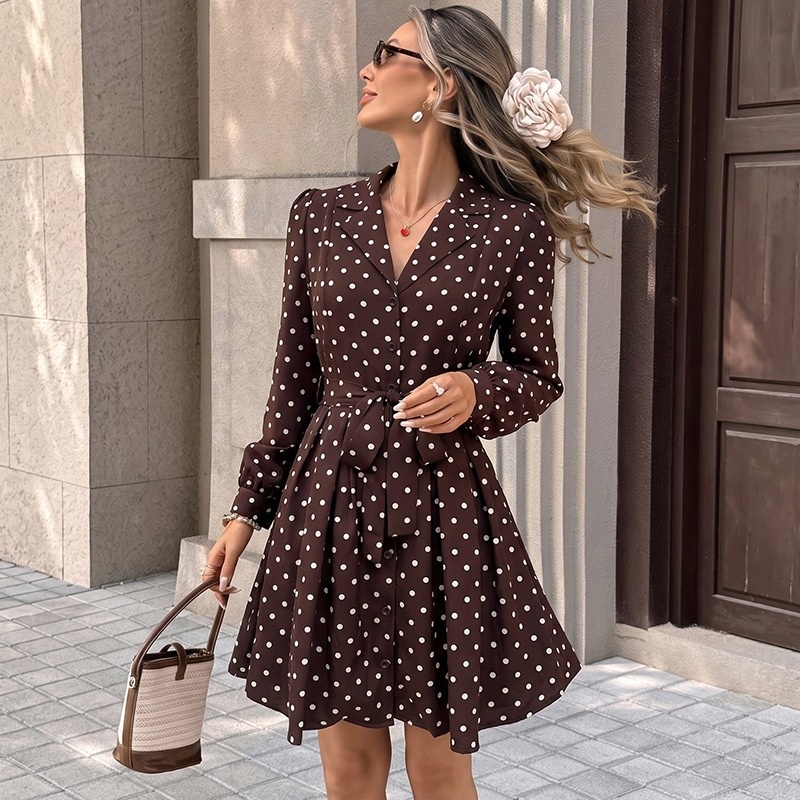 Brown Polka Dot Long Sleeve Belted Shirt Dress