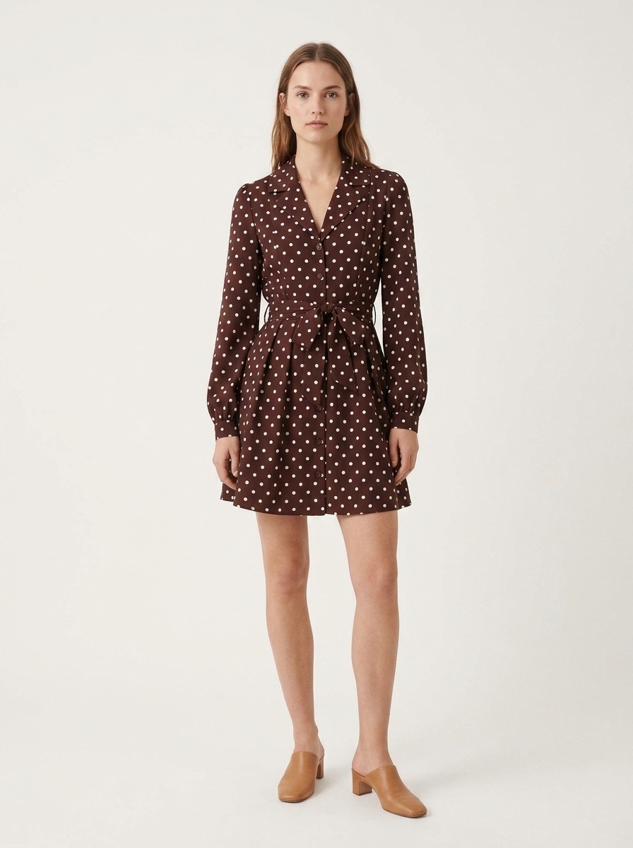 Brown Polka Dot Long Sleeve Belted Shirt Dress
