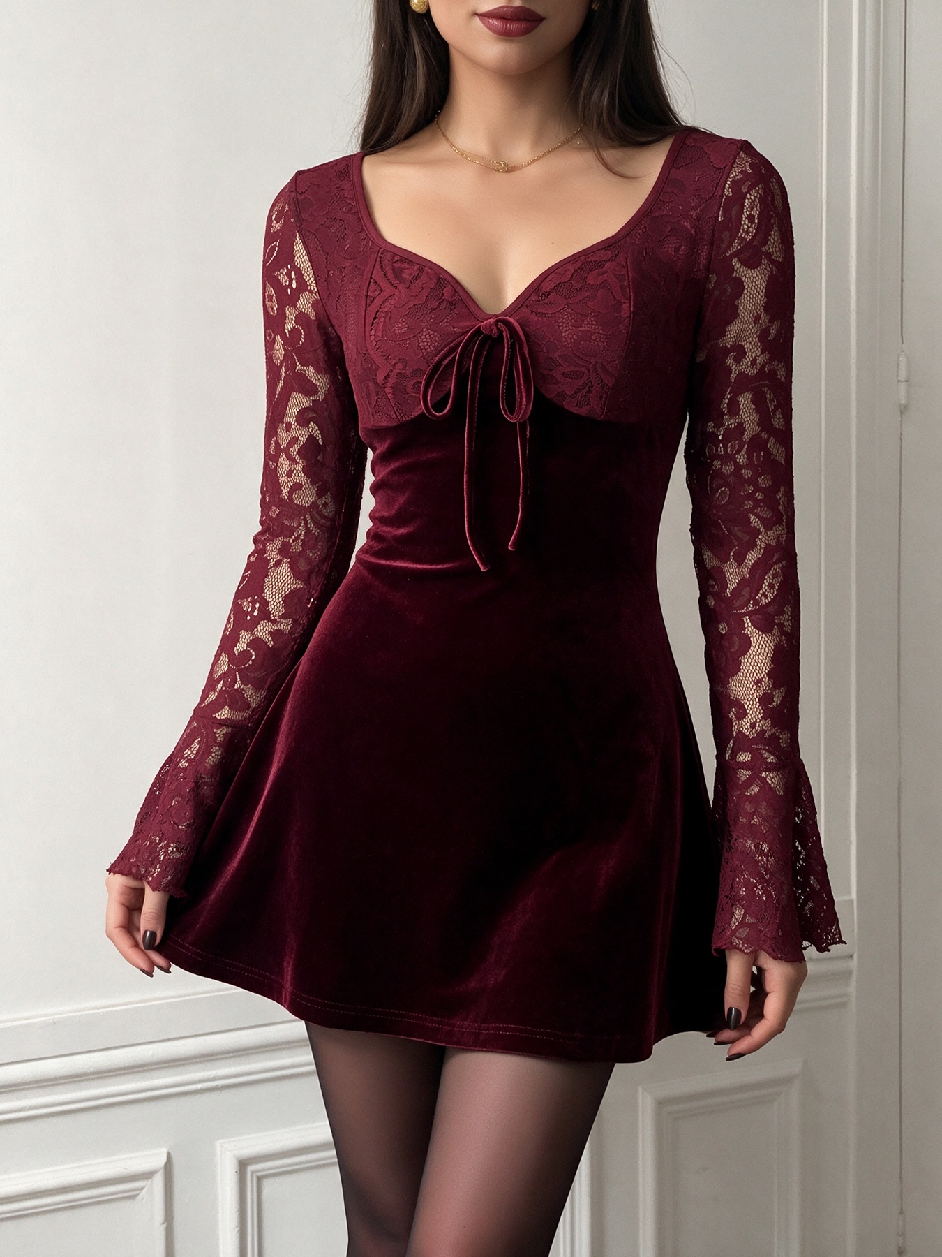 Burgundy Velvet Lace Long Sleeve A-Line Mini Dress