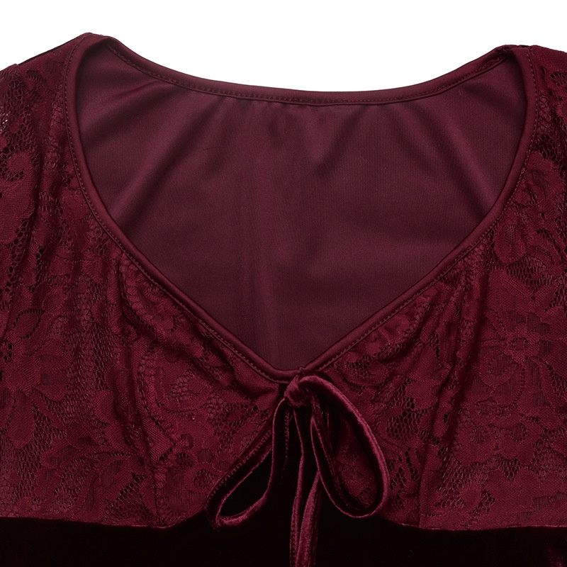 Burgundy Velvet Lace Long Sleeve A-Line Mini Dress