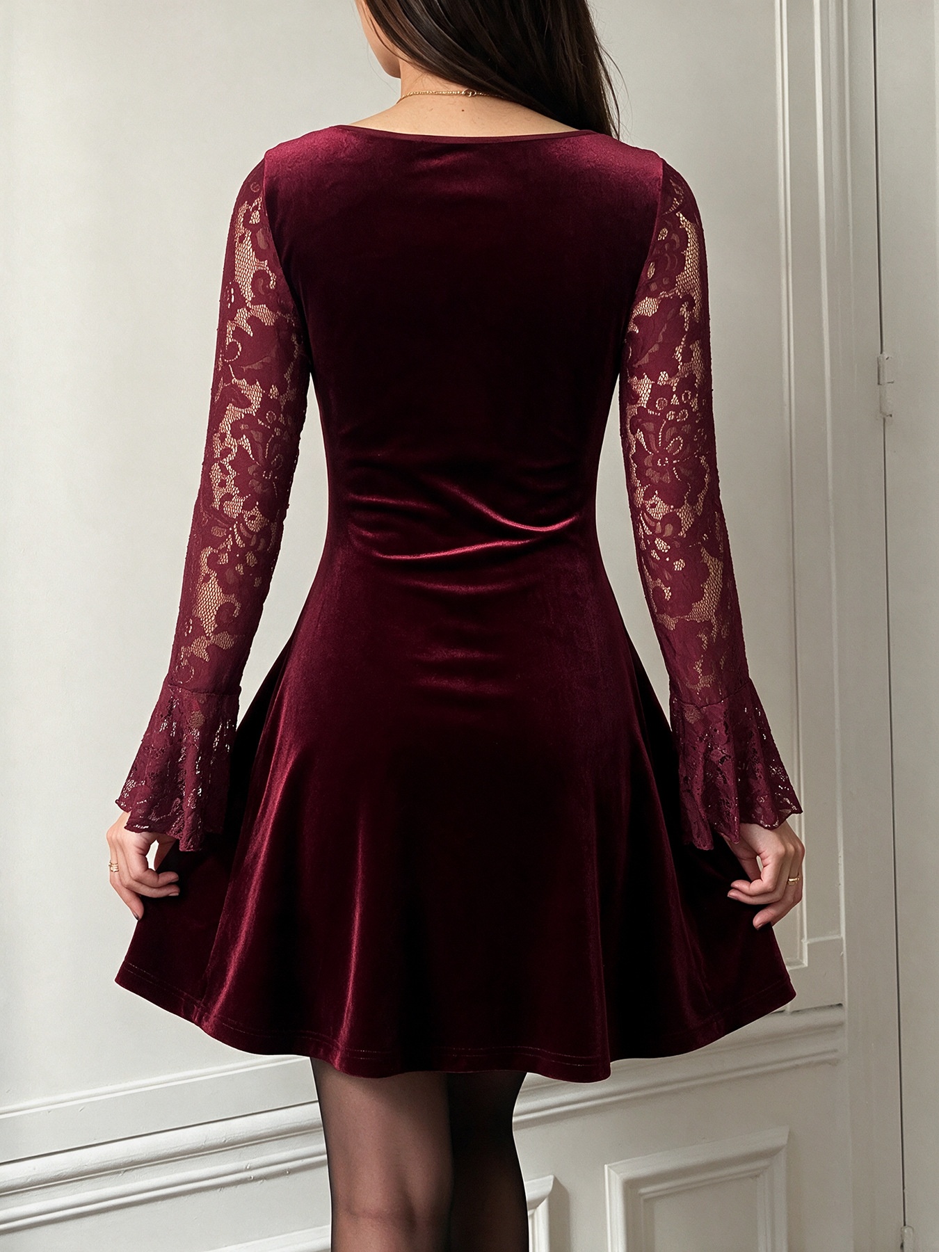 Burgundy Velvet Lace Long Sleeve A-Line Mini Dress