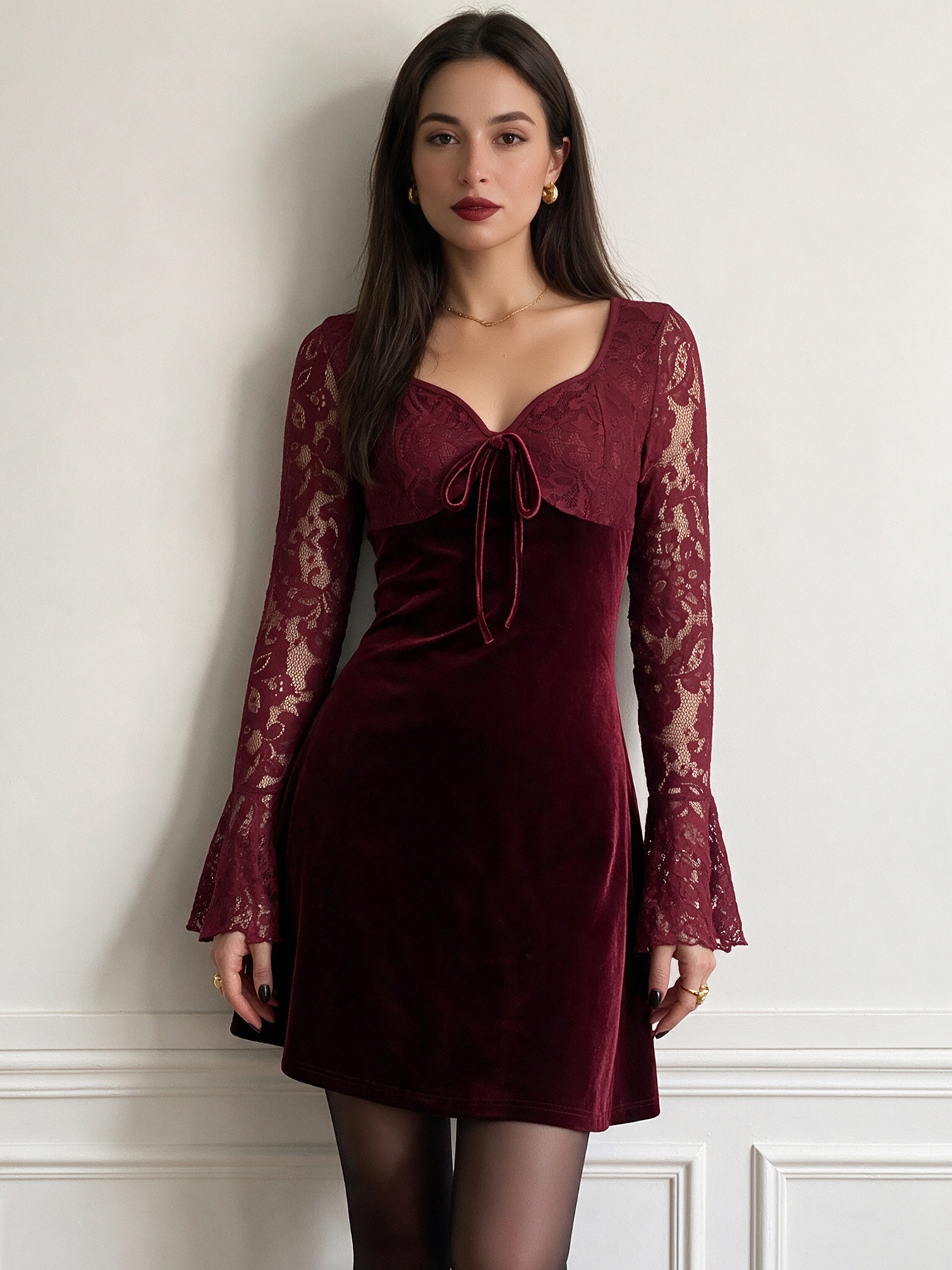 Burgundy Velvet Lace Long Sleeve A-Line Mini Dress