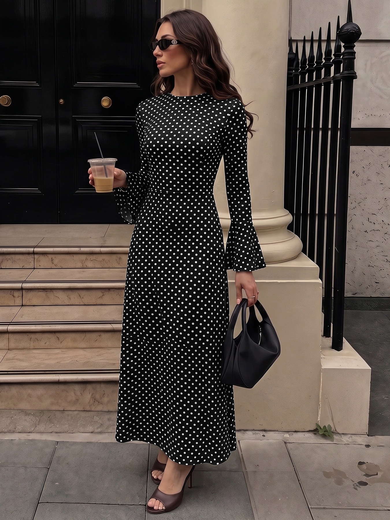 Black Polka Dot Backless Bell Sleeve Maxi Dress