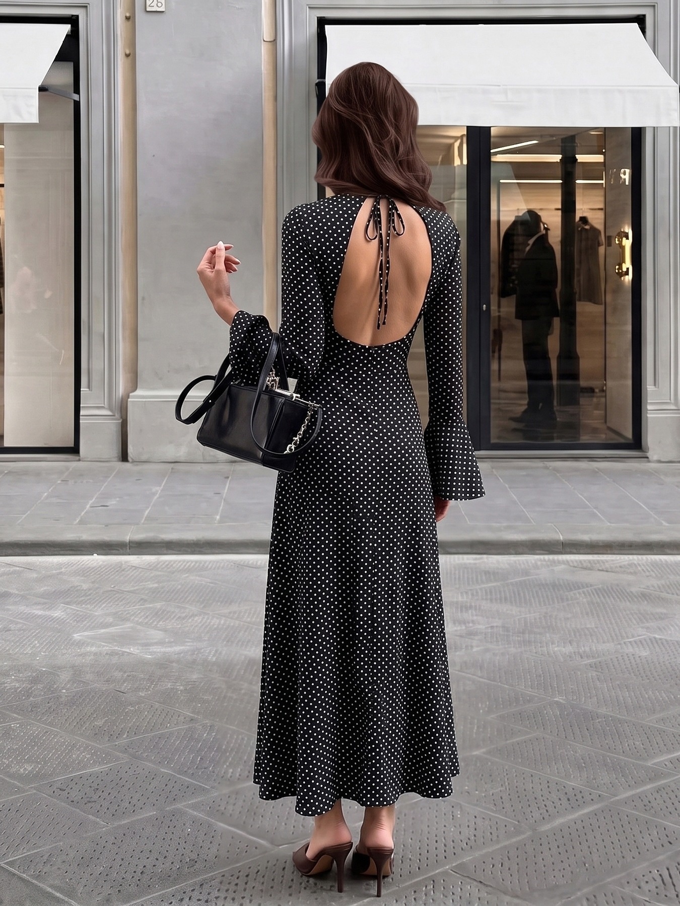 Black Polka Dot Backless Bell Sleeve Maxi Dress