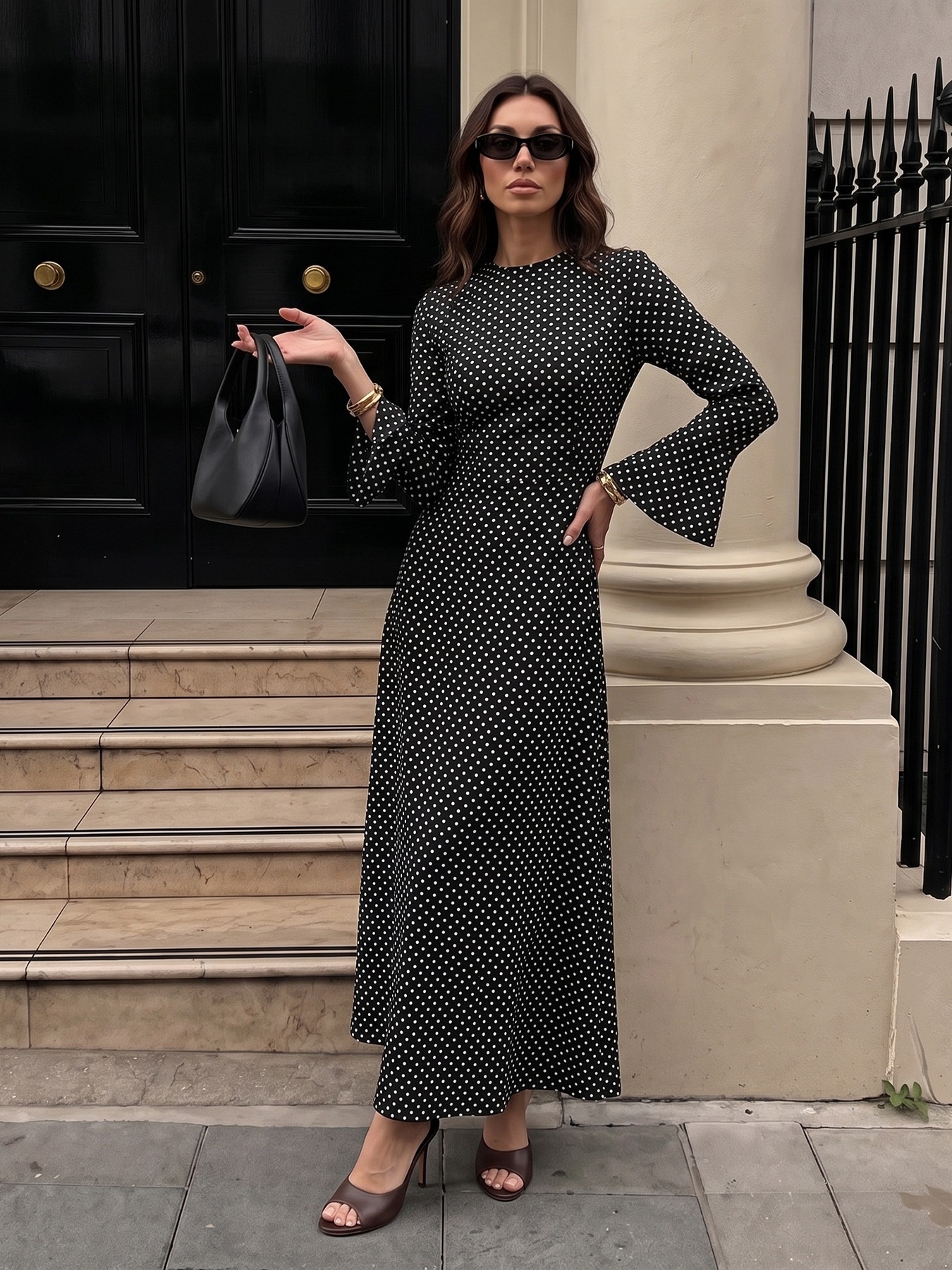 Black Polka Dot Backless Bell Sleeve Maxi Dress