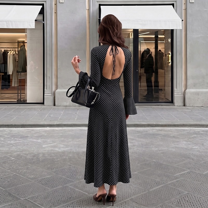 Black Polka Dot Backless Bell Sleeve Maxi Dress