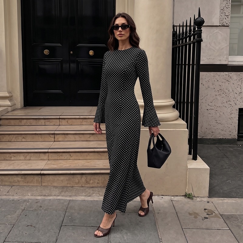 Black Polka Dot Backless Bell Sleeve Maxi Dress