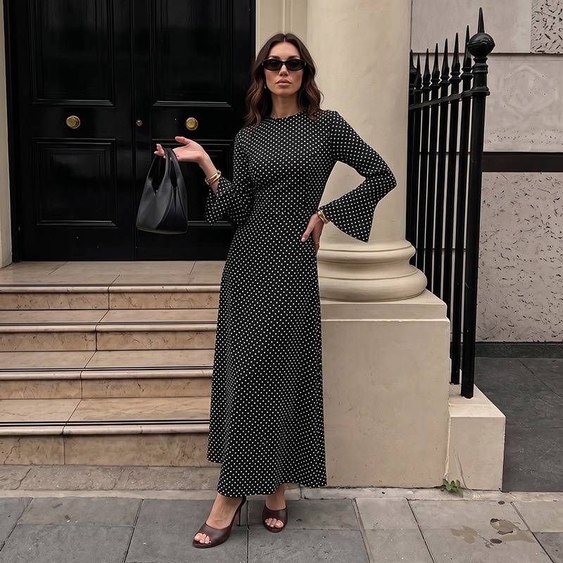 Black Polka Dot Backless Bell Sleeve Maxi Dress