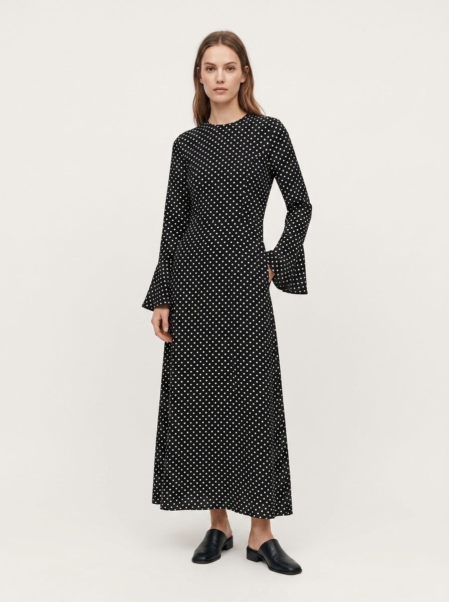 Black Polka Dot Backless Bell Sleeve Maxi Dress