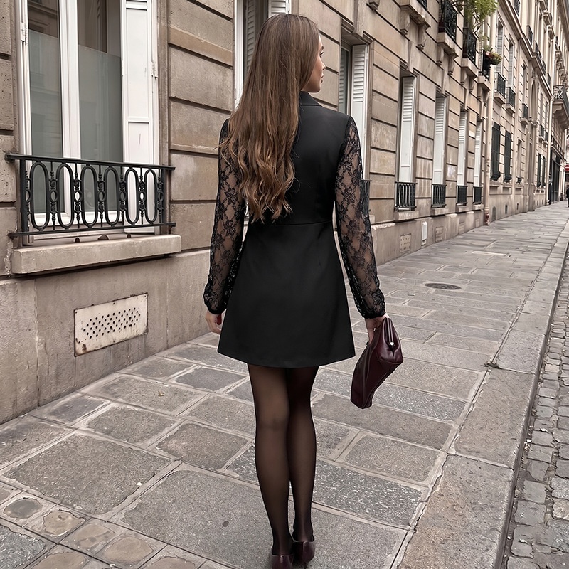 Women's Black Lace Sleeve Asymmetrical Blazer Mini Dress