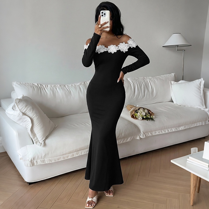 Off-Shoulder Floral Lace Long Sleeve Maxi Dress