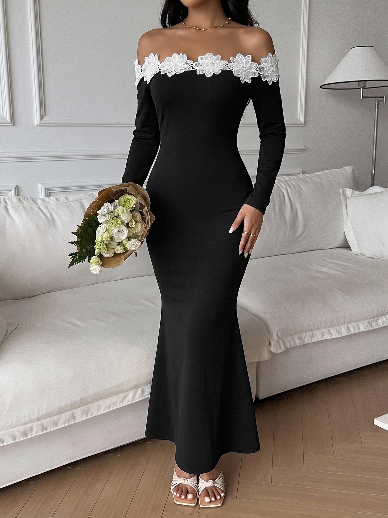 Off-Shoulder Floral Lace Long Sleeve Maxi Dress