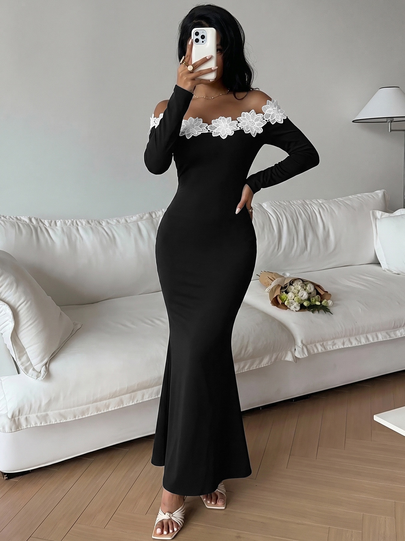 Off-Shoulder Floral Lace Long Sleeve Maxi Dress