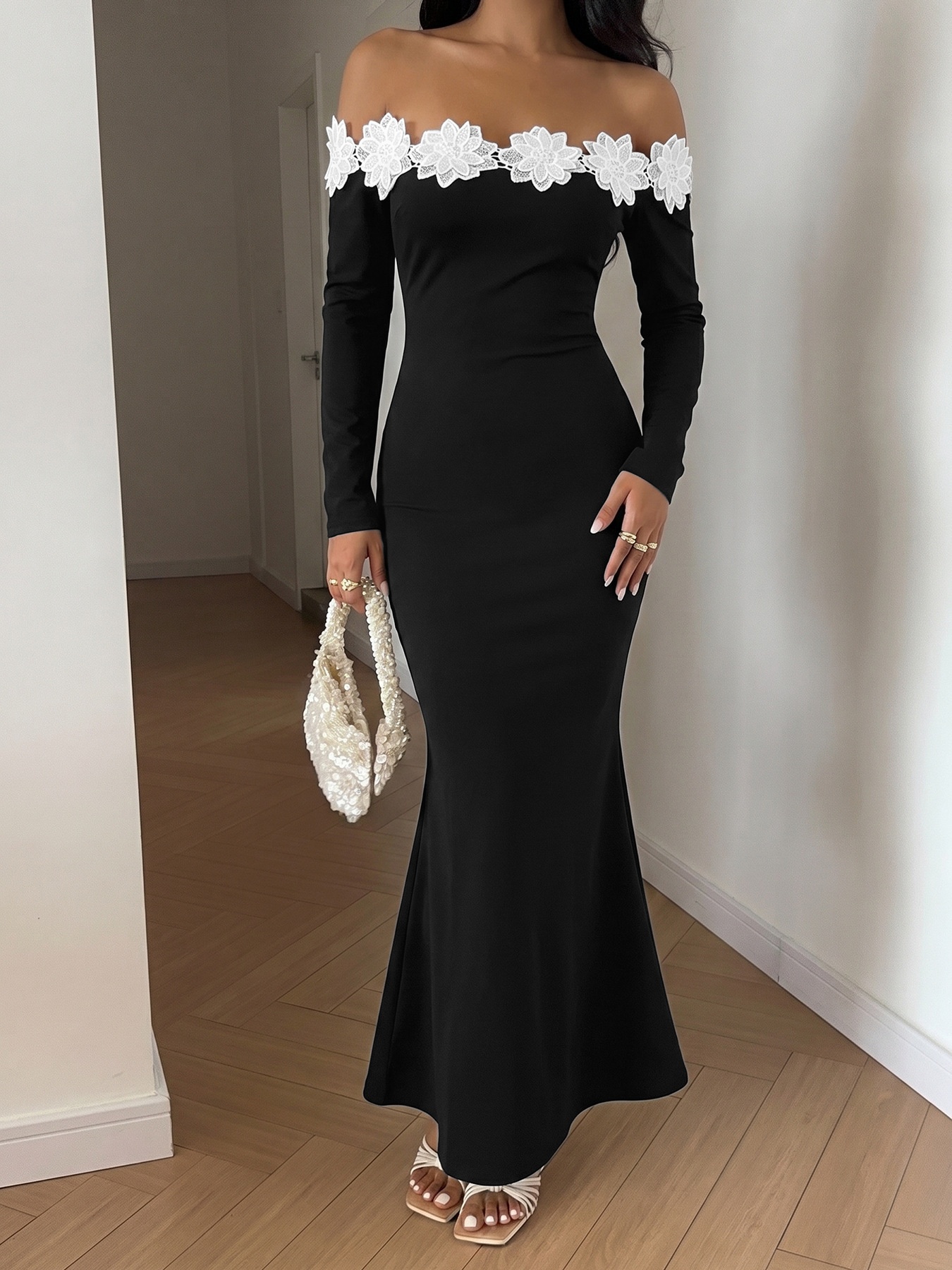 Off-Shoulder Floral Lace Long Sleeve Maxi Dress