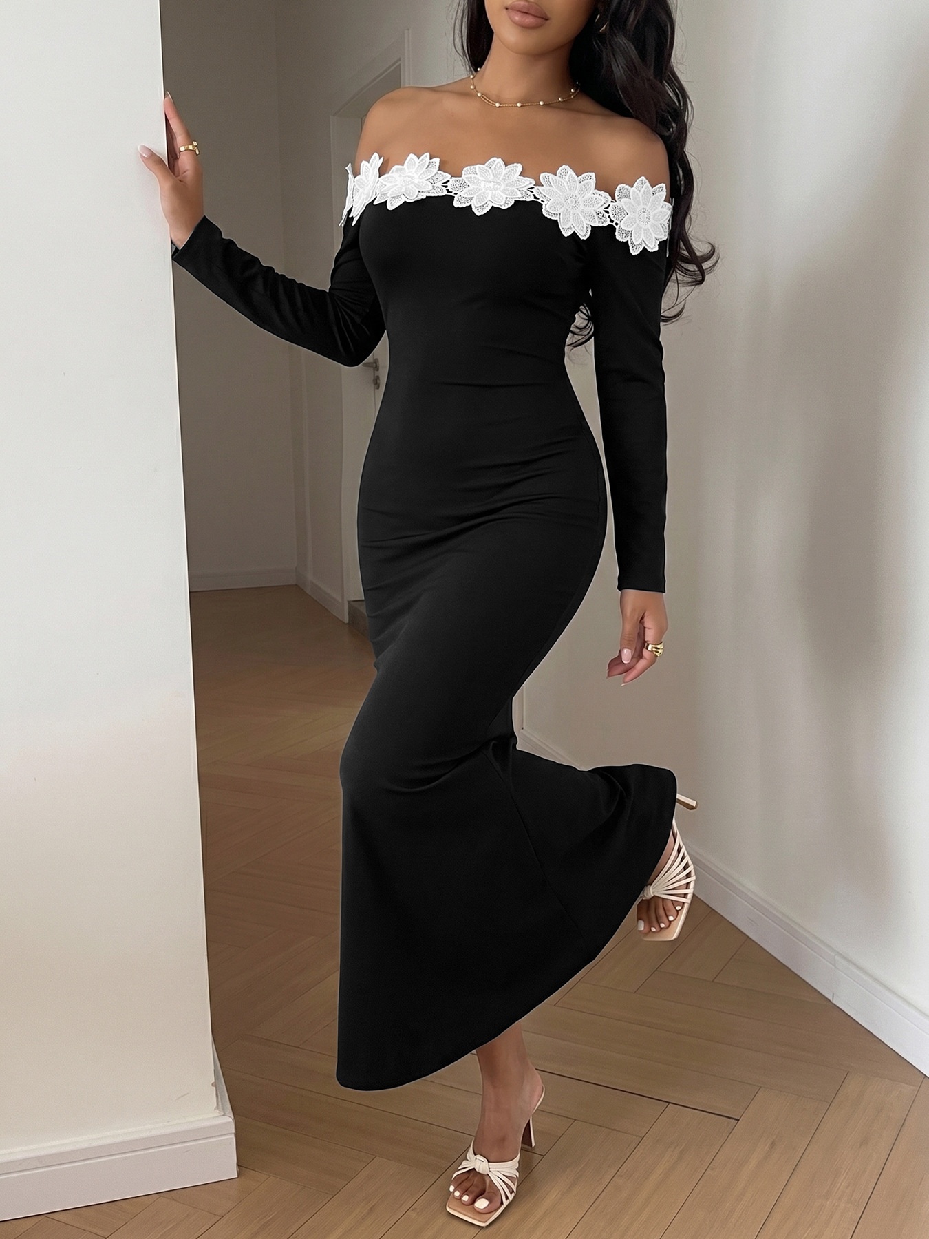 Off-Shoulder Floral Lace Long Sleeve Maxi Dress