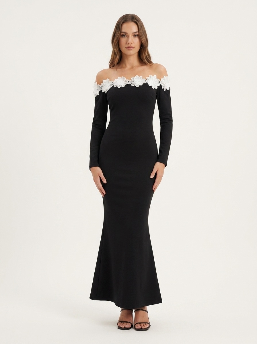 Off-Shoulder Floral Lace Long Sleeve Maxi Dress