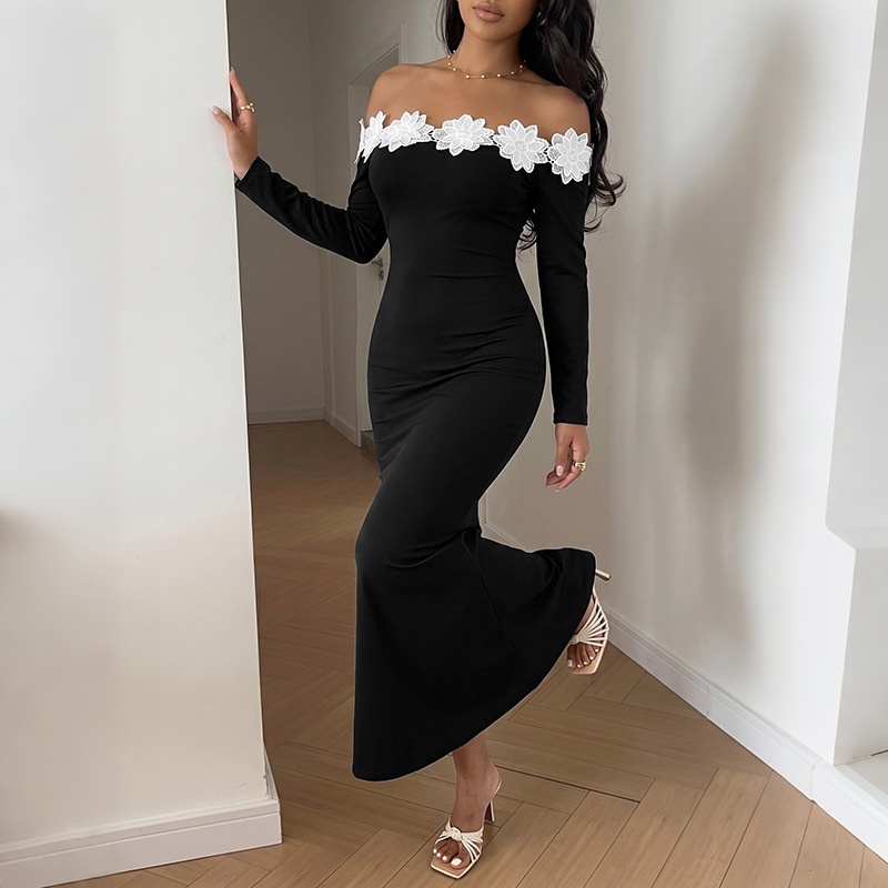 Off-Shoulder Floral Lace Long Sleeve Maxi Dress