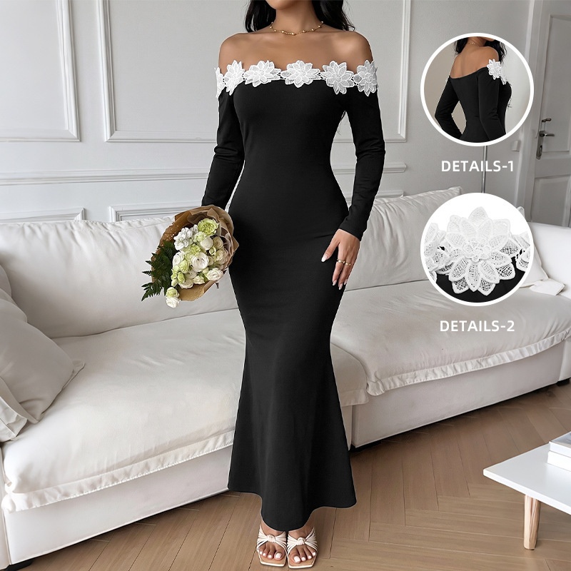 Off-Shoulder Floral Lace Long Sleeve Maxi Dress