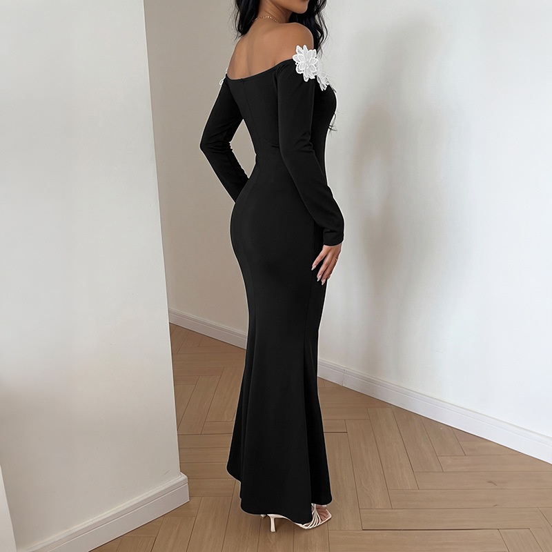 Off-Shoulder Floral Lace Long Sleeve Maxi Dress