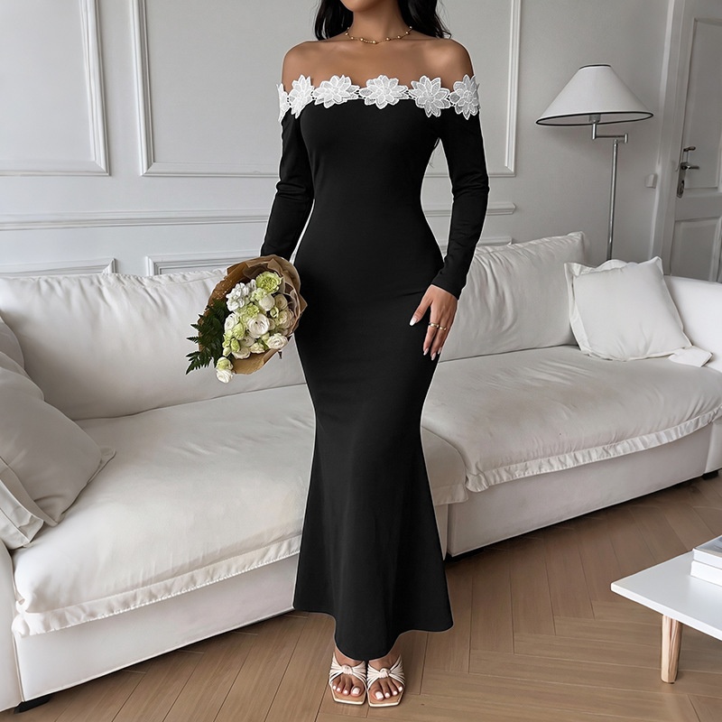 Off-Shoulder Floral Lace Long Sleeve Maxi Dress