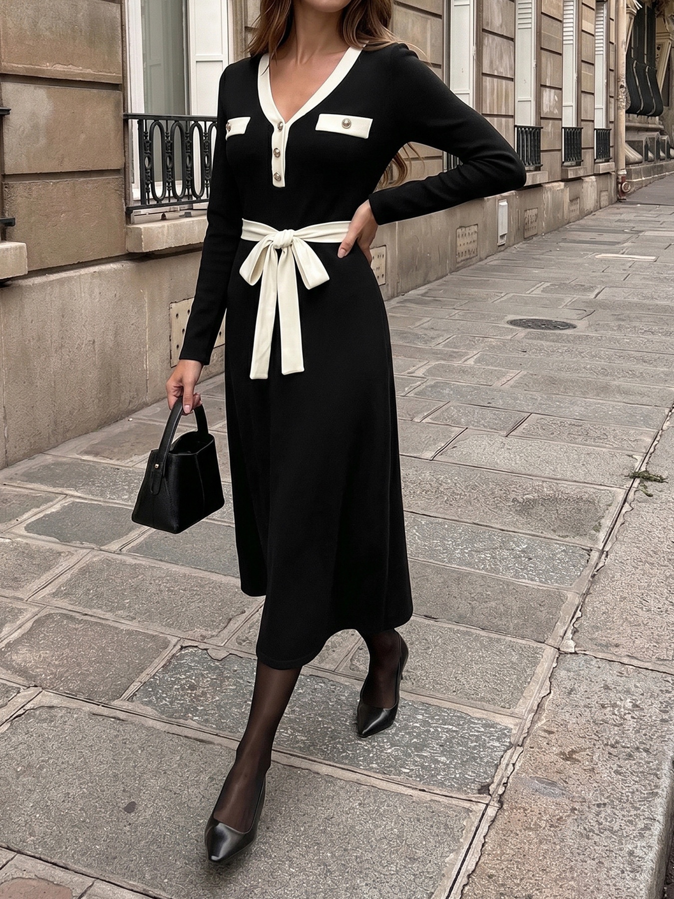 Contrast Trim V-Neck Long Sleeve Midi Knit Dress