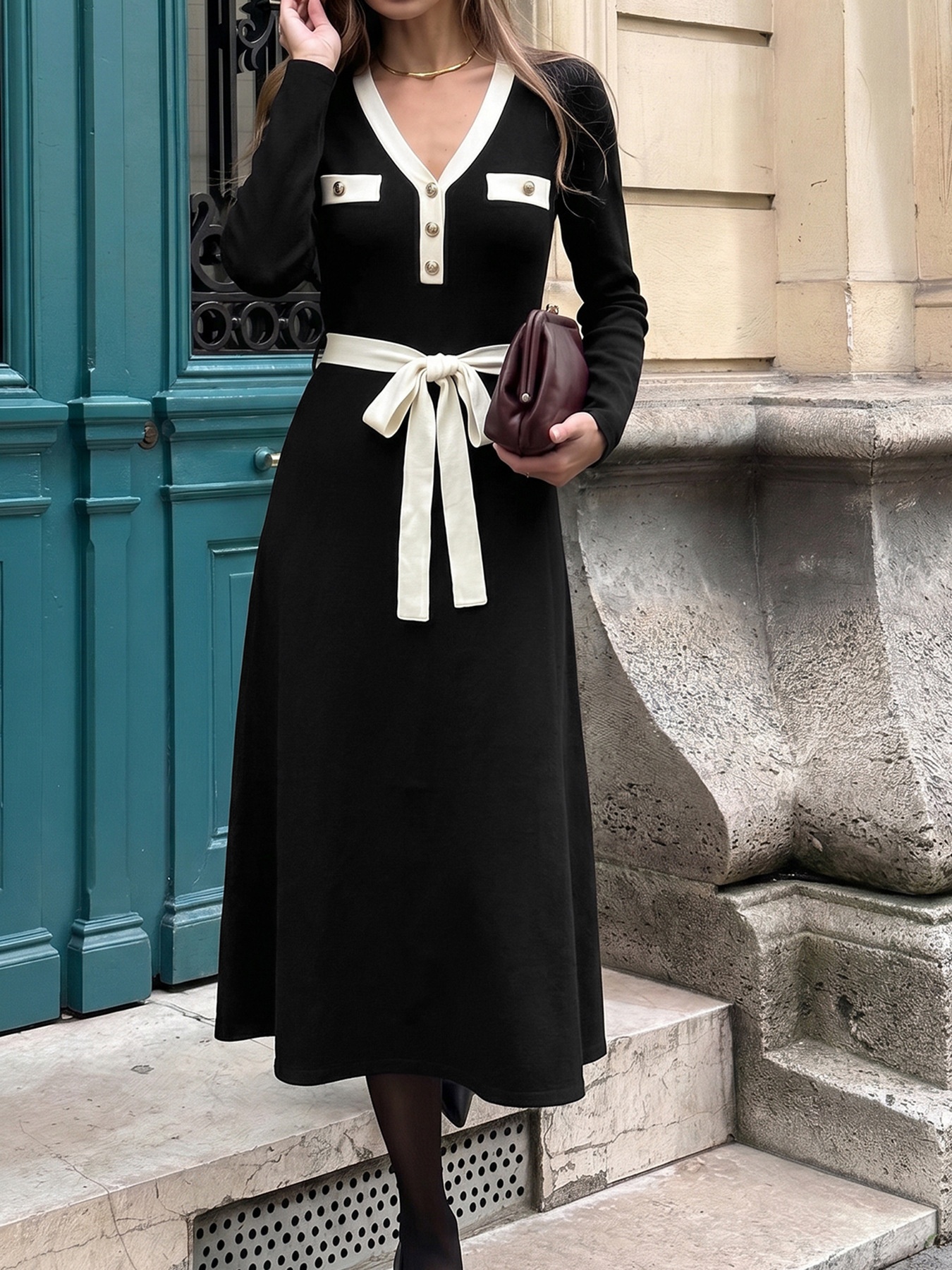 Contrast Trim V-Neck Long Sleeve Midi Knit Dress