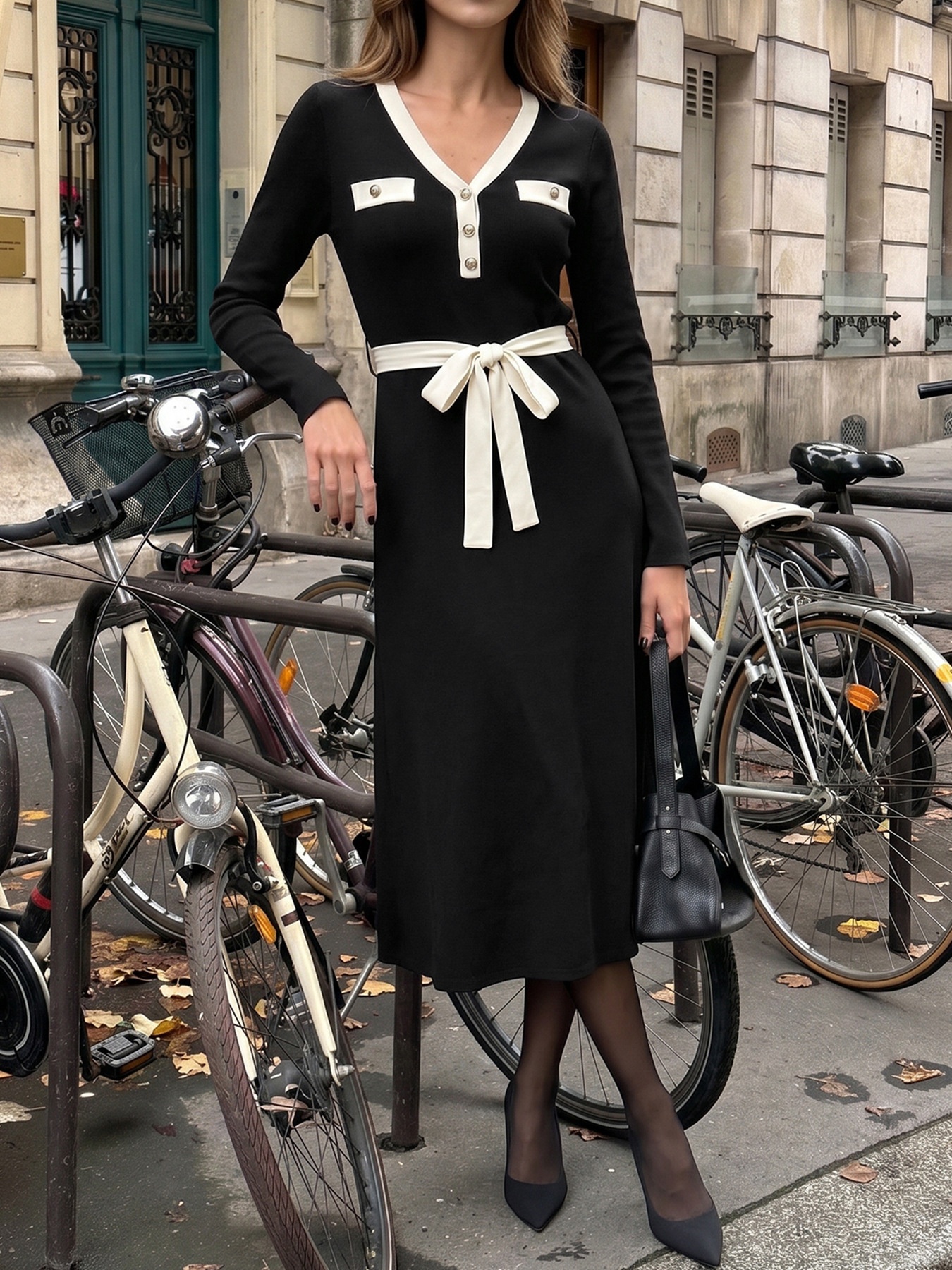 Contrast Trim V-Neck Long Sleeve Midi Knit Dress