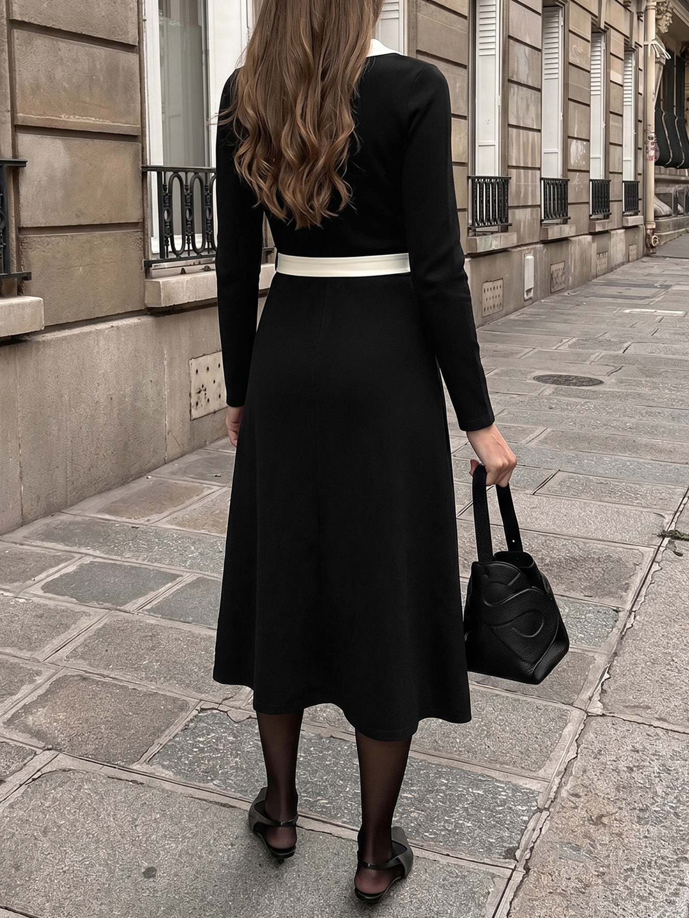 Contrast Trim V-Neck Long Sleeve Midi Knit Dress