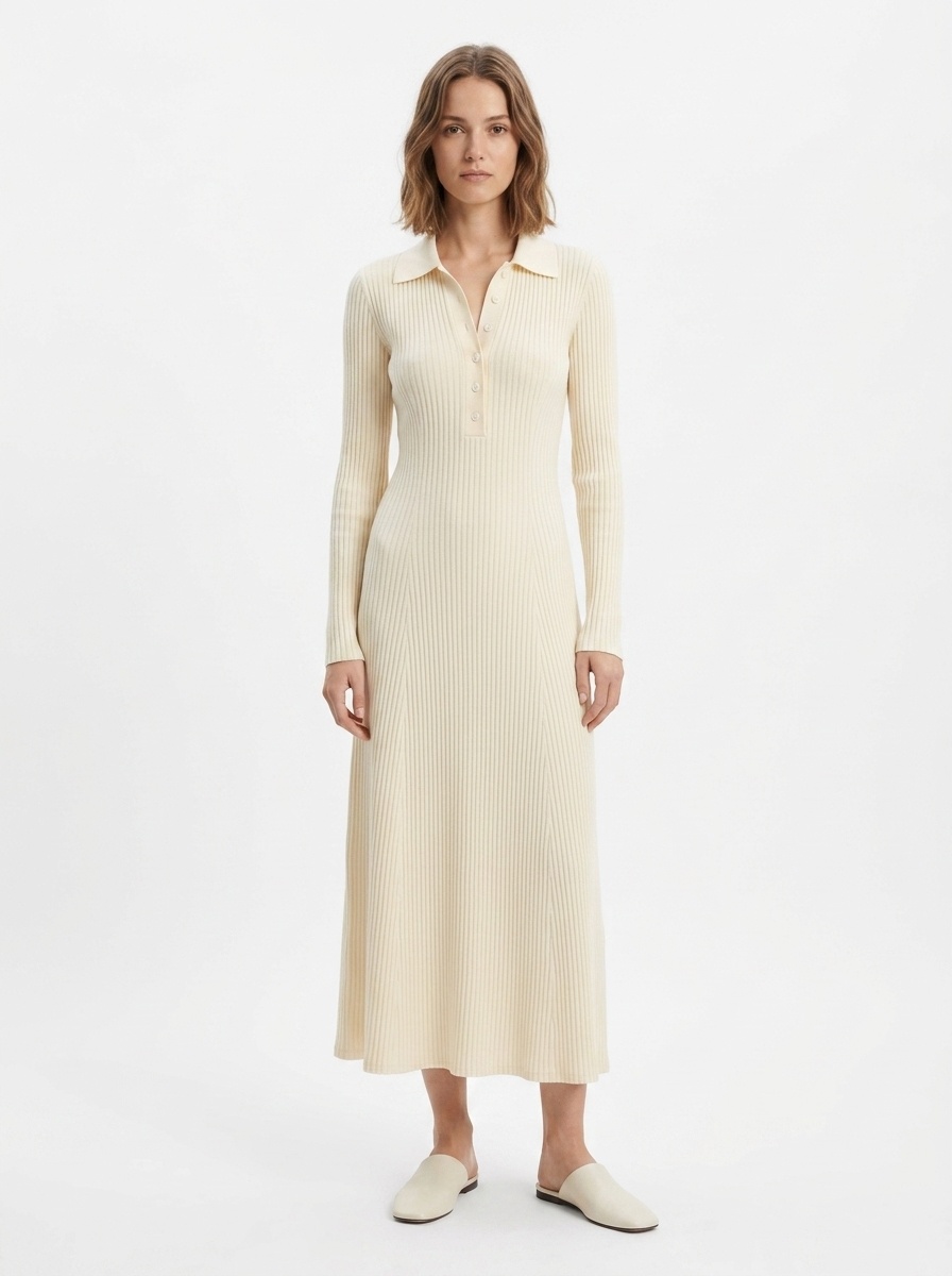 Long Sleeve Ribbed Knit Polo Collar Midi Dress