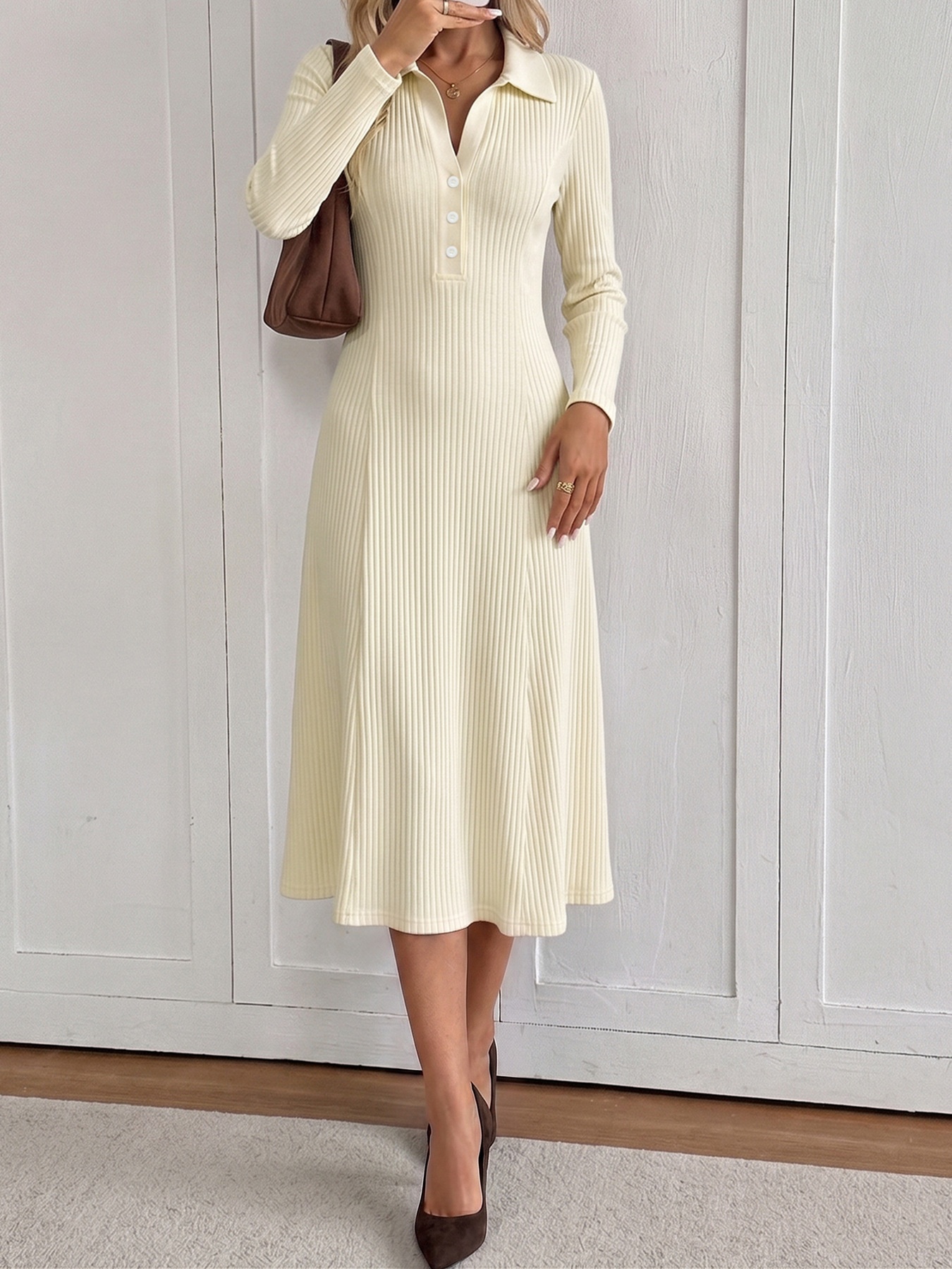 Long Sleeve Ribbed Knit Polo Collar Midi Dress