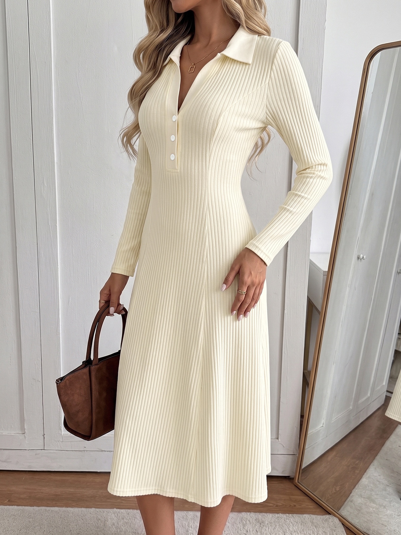 Long Sleeve Ribbed Knit Polo Collar Midi Dress