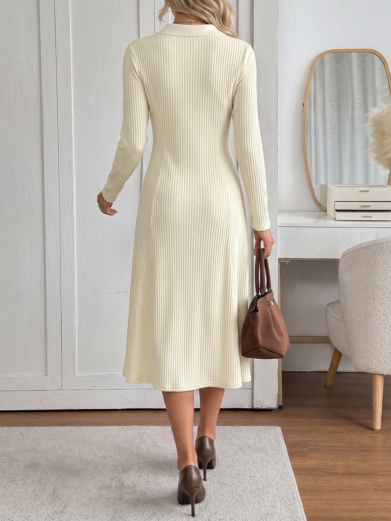 Long Sleeve Ribbed Knit Polo Collar Midi Dress