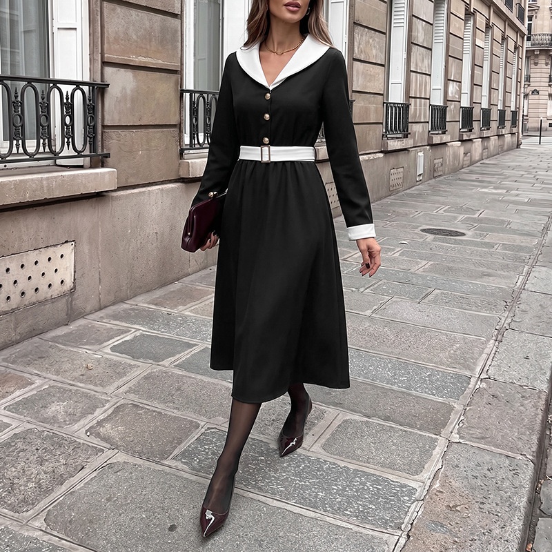 Contrast Collar Long Sleeve Belted Midi Dress