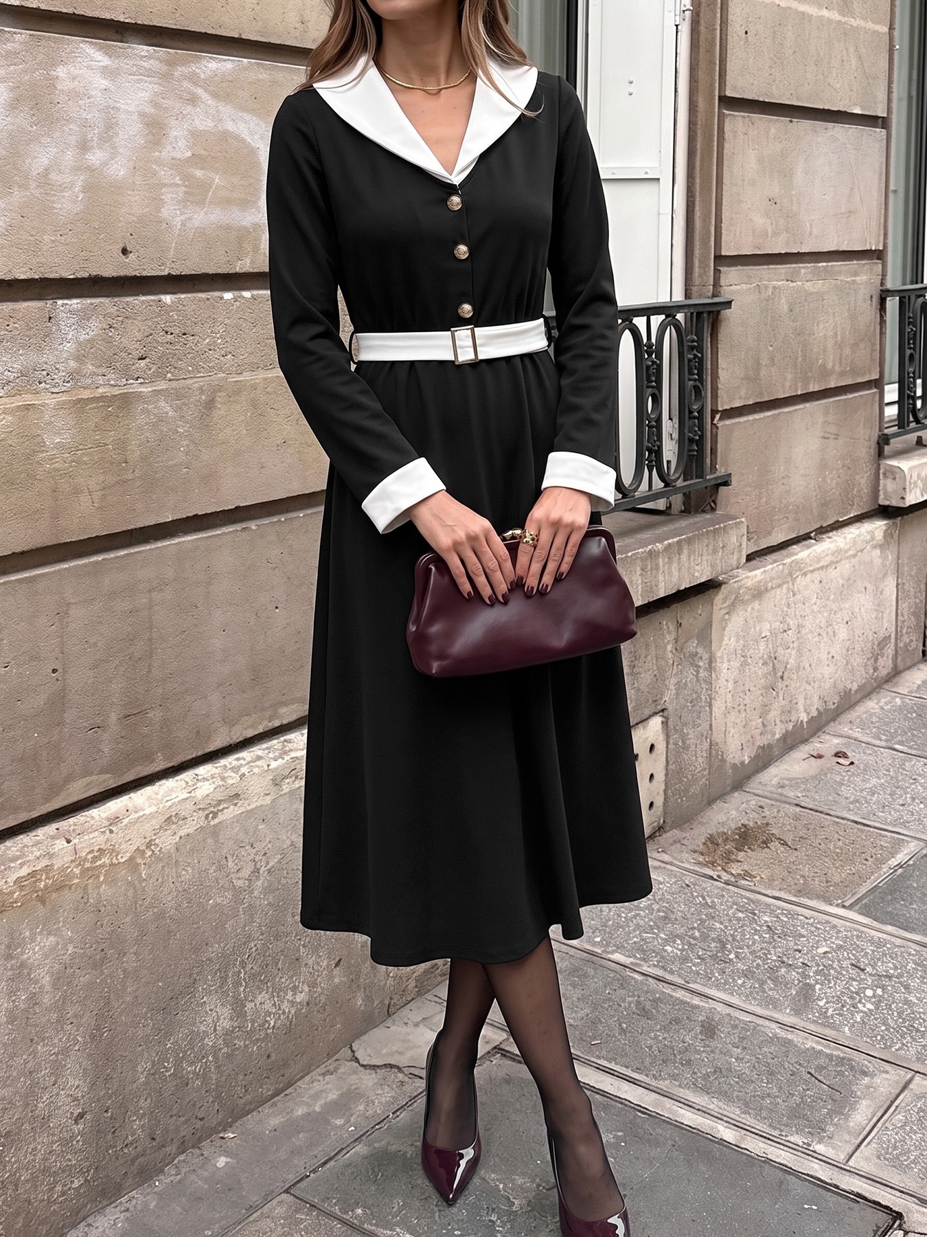Contrast Collar Long Sleeve Belted Midi Dress