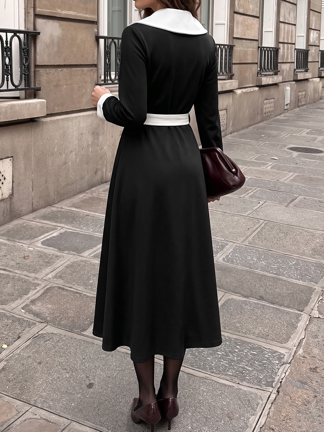 Contrast Collar Long Sleeve Belted Midi Dress
