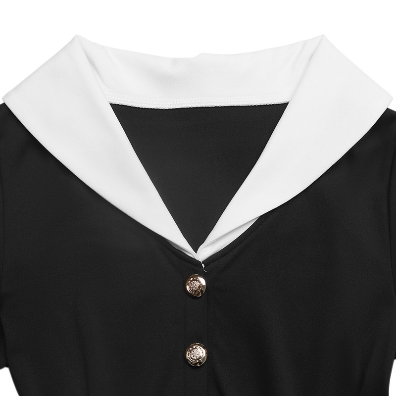 Contrast Collar Long Sleeve Belted Midi Dress