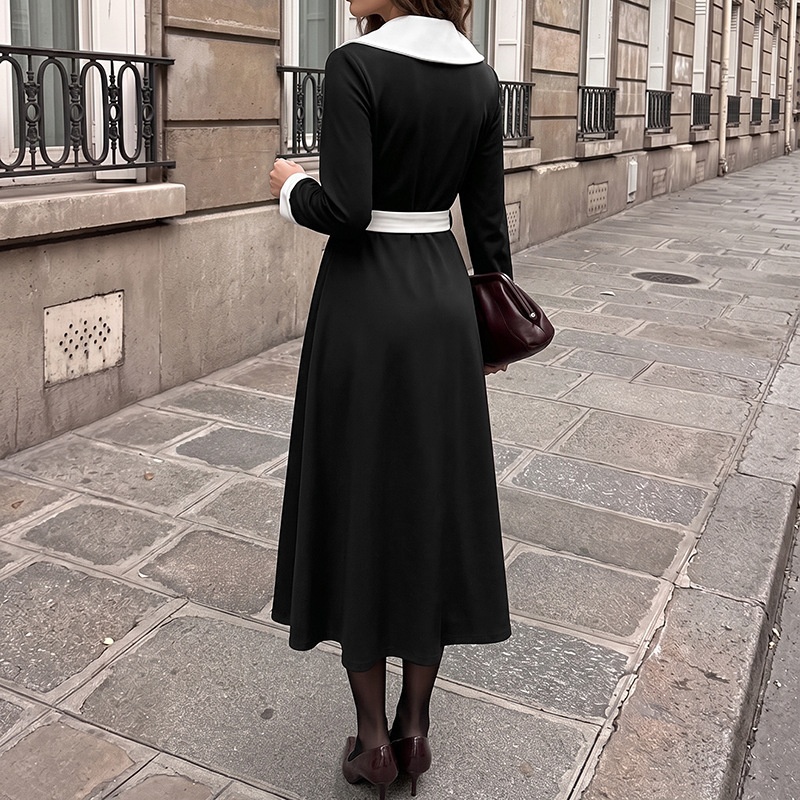 Contrast Collar Long Sleeve Belted Midi Dress