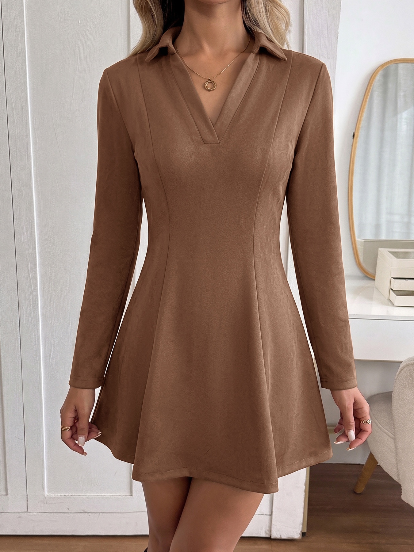 Women's V-Neck Long Sleeve Collared A-Line Mini Dress