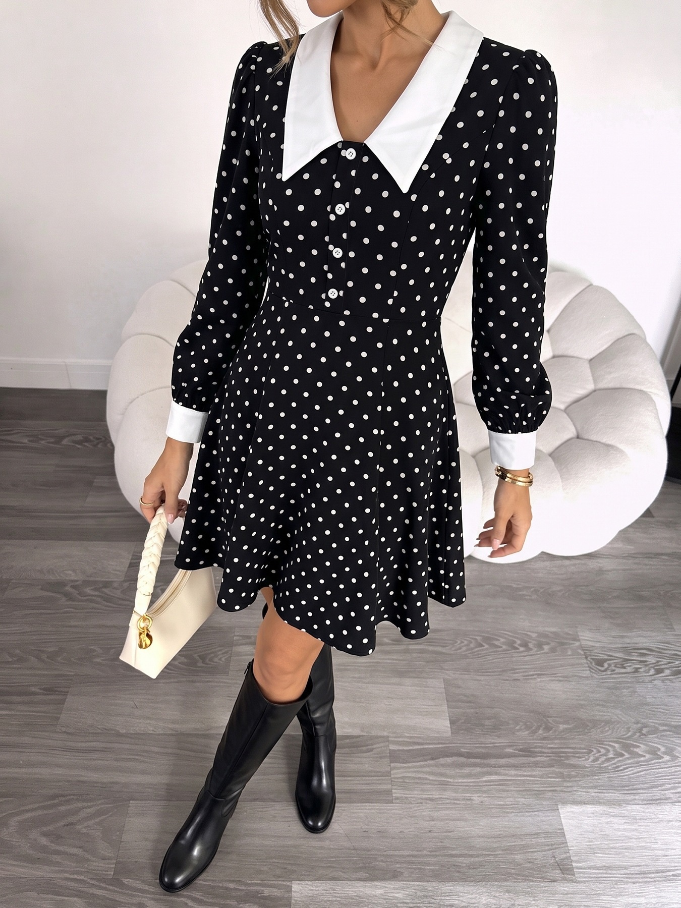 Women's Polka Dot Long Sleeve A-Line Mini Dress
