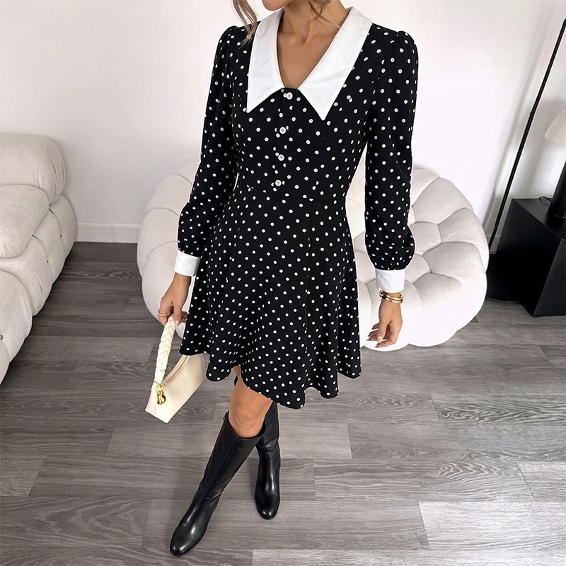 Women's Polka Dot Long Sleeve A-Line Mini Dress