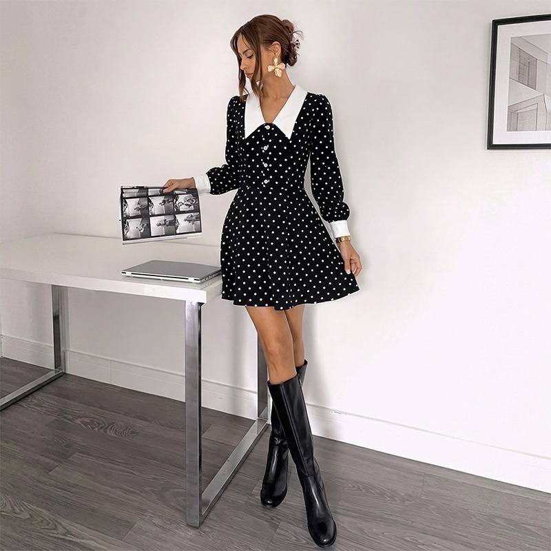 Women's Polka Dot Long Sleeve A-Line Mini Dress