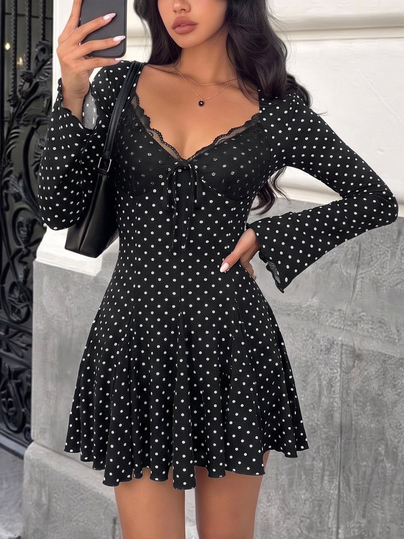 Polka Dot Long Sleeve Lace Trim Mini Dress