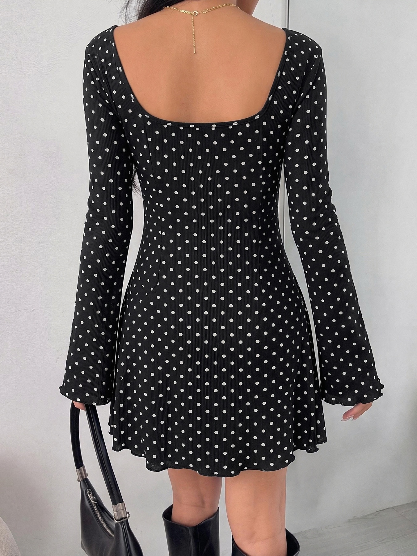 Polka Dot Long Sleeve Lace Trim Mini Dress